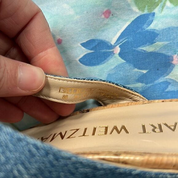 Stuart Weitzman Denim Strap Square Toe Sandals Wedge - Picture 11 of 16